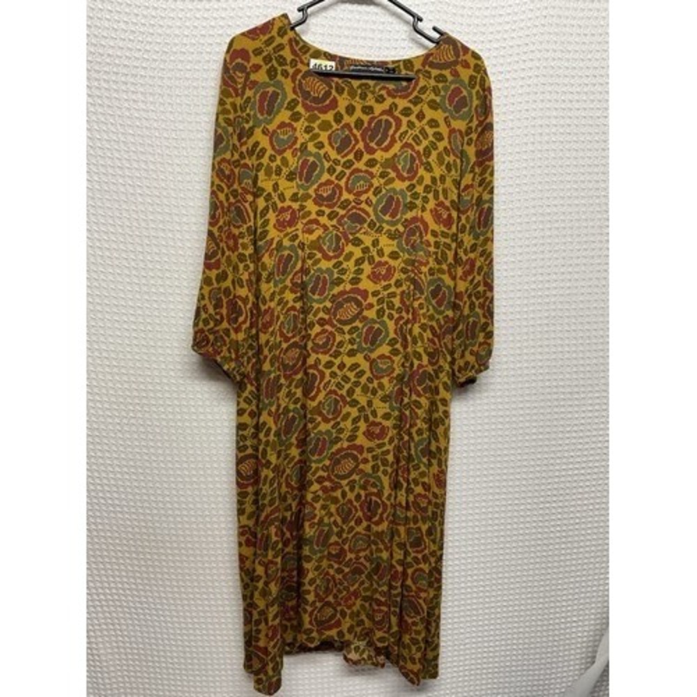 Gudrun Sjoden Mustard Floral ScoopNeck Short Sleeves Midi Dress Women M India